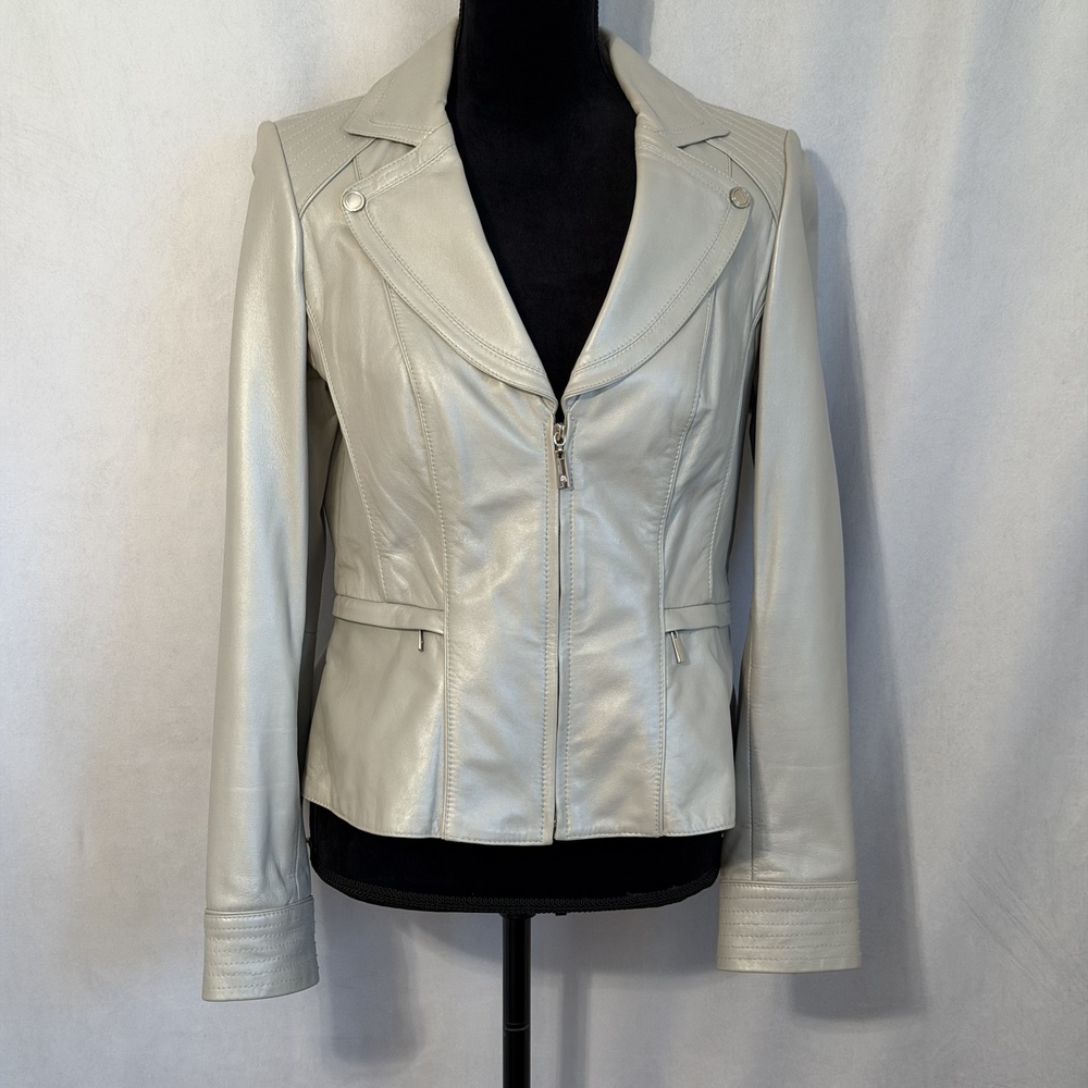 White House Black Market Leather Jacket Womens M Silver Peplum Moto Zip Fitted
